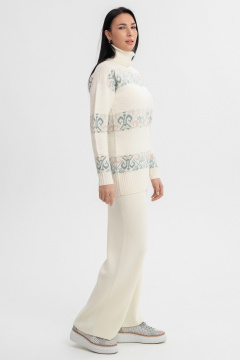 Свитер бежевый жаккардовый с воротом-отворотом и длиной 72 см AREOLA 10455 жемчуг/арахис/абсент - фото 4