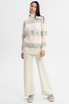 Свитер бежевый жаккардовый с воротом-отворотом и длиной 72 см AREOLA 10455 жемчуг/арахис/абсент - фото 3