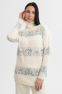 Свитер бежевый жаккардовый с воротом-отворотом и длиной 72 см AREOLA 10455 жемчуг/арахис/абсент - фото 1