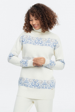 Свитер молочный жаккардовый с высоким воротом и длиной 72 см AREOLA 10455 жемчуг/ракушка/небесный - фото 1