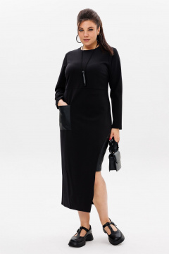 Черное трикотажное платье с эко-кожаным акцентом Anelli 51 престиж - фото 3