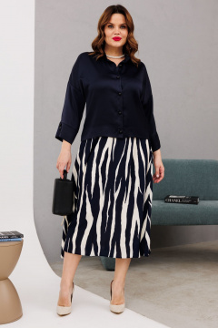 Комплект из атласной блузки и юбки с резинкой Anastasia 1196 синий/молочный - фото 4