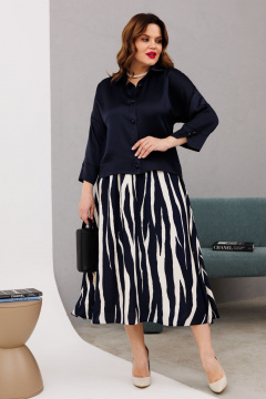 Комплект из атласной блузки и юбки с резинкой Anastasia 1196 синий/молочный - фото 1