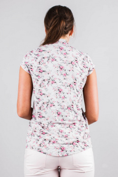 Летняя приталенная блуза из вискозы с коротким рукавом и воротником-стойкой Mita КМ387 белый+роз.цветы - фото 3