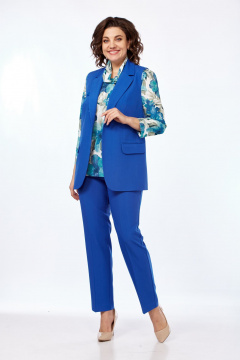 Трёхпредметный костюм с принтованной блузкой и жилетом Vilena 999 василек - фото 1