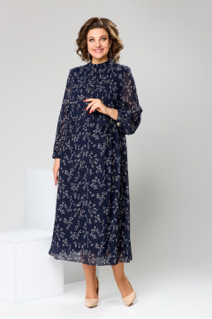 Платье миди из шифона с накладками и защитками Romanovich Style 1-2755 синий/веточки - фото 1