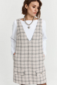 Мини-платье из твидовой ткани с вырезом и карманами ATTIKA A3097-2 бежево-серый_в_клетку - фото 4