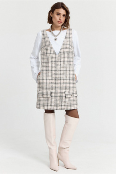 Мини-платье из твидовой ткани с вырезом и карманами ATTIKA A3097-2 бежево-серый_в_клетку - фото 1