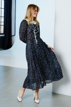 Платье шифоновое полуприлегающее с рюшей и разрезом Lokka 1569 черный/белый_голубой_принт - фото 4