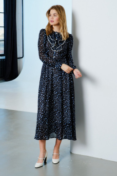 Платье шифоновое полуприлегающее с рюшей и разрезом Lokka 1569 черный/белый_голубой_принт - фото 3