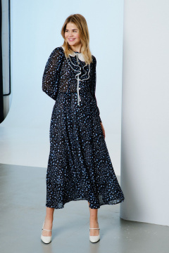 Платье шифоновое полуприлегающее с рюшей и разрезом Lokka 1569 черный/белый_голубой_принт - фото 2