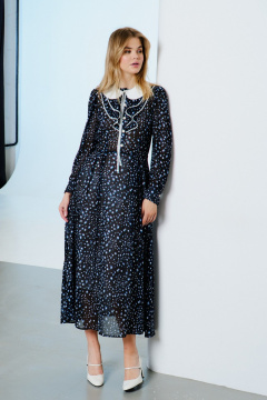 Платье шифоновое полуприлегающее с рюшей и разрезом Lokka 1569 черный/белый_голубой_принт - фото 1