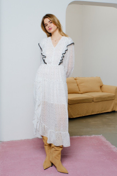Платье шифоновое миди с кружевами и воланами Lokka 1576 белый/черный_горошек - фото 1