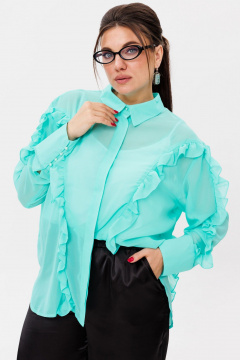Бирюзовая блуза с рельефами, рюшами и классическим воротником Anelli 1257 тиффани - фото 1