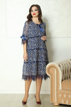 Платье из шифона с рукавом 3/4 и кружевной отделкой, синее Solomeya Lux 774 - фото 1