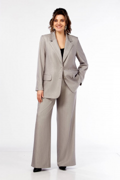 Стильный деловой костюм из текстиля в елочку с поясом Ольга Стиль С-903 светло-серый - фото 5
