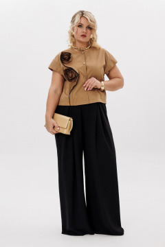 Комплект блуза с цветочным декором и брючный костюм LM К5020 черный_песок - фото 1