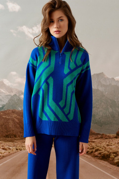 Джемпер прямого силуэта с застёжкой-молнией и круглой горловиной Barbara Geratti С4575BG синий/изумруд - фото 1