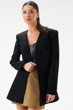 Круглогодичный черный жакет без воротника с кружевами ANNETE A5396 - фото 2