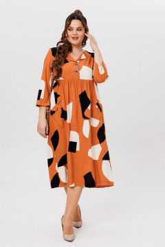 Оранжевое платье из вискозы с раскладными лацканами и карманами Michel chic 2166 геометрия - фото 2