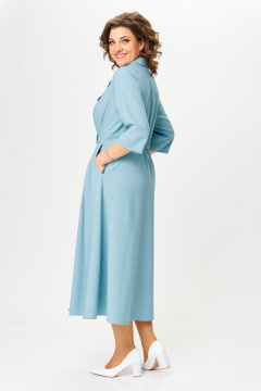 Демисезонное платье А-силуэта с эффектом льна и воротником-V ANASTASIA MAK 1233 голубой - фото 3