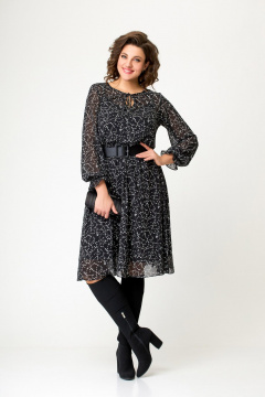 Круглогодичное нарядное платье миди из шифона с поясом Swallow 650 черно-белая_лоза - фото 1