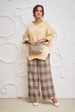 Бежевые прямые брюки из текстиля с карманами для повседневной одежды Anastasia 1156.1 клетка - фото 3