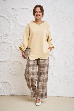 Бежевые прямые брюки из текстиля с карманами для повседневной одежды Anastasia 1156.1 клетка - фото 1