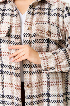 Рубашка оверсайз из шерстяной рогожки с карманами OVERYOU М192 бежевый_ореховый - фото 2