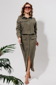 Зеленый льняной костюм из натуральной ткани с карманами Galean Style 970 хаки - фото 4