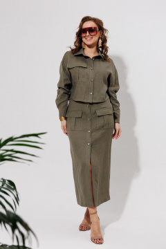 Зеленый льняной костюм из натуральной ткани с карманами Galean Style 970 хаки - фото 2