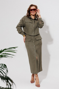 Зеленый льняной костюм из натуральной ткани с карманами Galean Style 970 хаки - фото 1