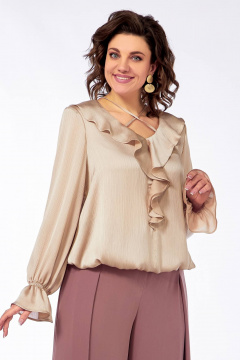 Нарядная блуза с вырезом В-образ и воланами из струящейся ткани Ольга Стиль С-889 песочный_перламутр - фото 4