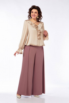 Нарядная блуза с вырезом В-образ и воланами из струящейся ткани Ольга Стиль С-889 песочный_перламутр - фото 3