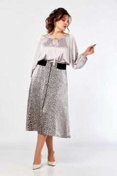 Блуза с сборками и юбка клеш, резинка, демисезон Ольга Стиль С-908 серый+дизайн - фото 1