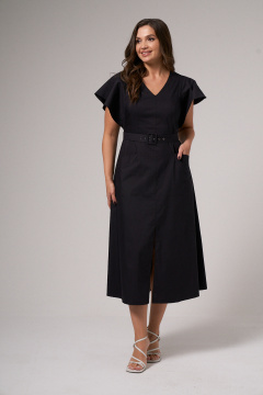 Платье приталенное с поясом и карманами с клапанами Панда 143683w черный - фото 1