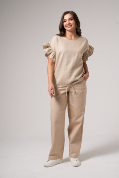 Бежевые текстильные брюки с поясом и вытачками Панда 151263w бежевый - фото 2