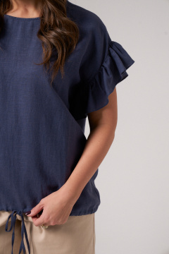 Блузка синяя из льняной ткани с проймой и сборкой Панда 174740w темно-синий - фото 2