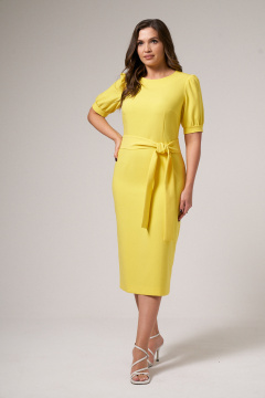 Миди платье трикотажное с объемным поясом и рукавом Панда 89980w желтый - фото 1