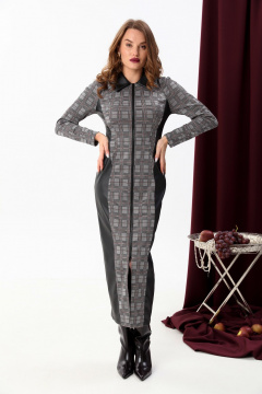 Макси платье комбинированное с рельефами и воротником NikVa 426-3 серая клетка+чёрный - фото 4
