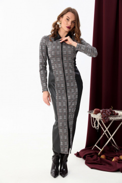 Макси платье комбинированное с рельефами и воротником NikVa 426-3 серая клетка+чёрный - фото 2
