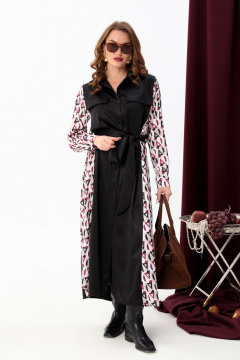 Платье-рубашка классическое с поясом и объемными рукавами NikVa 718-5 чёрный+ромбы бургунди - фото 4