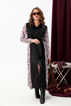 Платье-рубашка классическое с поясом и объемными рукавами NikVa 718-5 чёрный+ромбы бургунди - фото 3