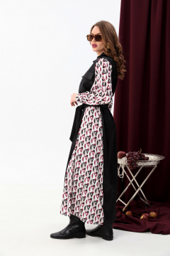 Платье-рубашка классическое с поясом и объемными рукавами NikVa 718-5 чёрный+ромбы бургунди - фото 2