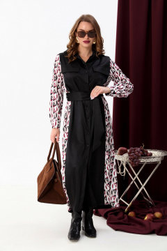 Платье-рубашка классическое с поясом и объемными рукавами NikVa 718-5 чёрный+ромбы бургунди - фото 1
