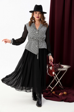 Длинное платье из двух тканей с воротником и сборкой NikVa 900-5 чёрно-белая гус лапка+чёрный - фото 4