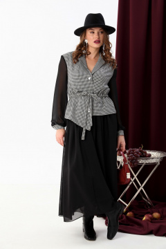 Длинное платье из двух тканей с воротником и сборкой NikVa 900-5 чёрно-белая гус лапка+чёрный - фото 2