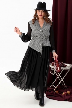 Длинное платье из двух тканей с воротником и сборкой NikVa 900-5 чёрно-белая гус лапка+чёрный - фото 1