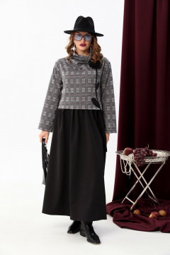 Платье прямого силуэта из текстиля с отделочной тканью NikVa 924-5 серая клетка+чёрный - фото 1