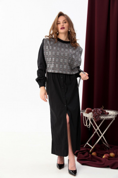 Платье-рубашка и манишка в комплекте, свободный крой NikVa 942-1 чёрный+серая клетка - фото 1